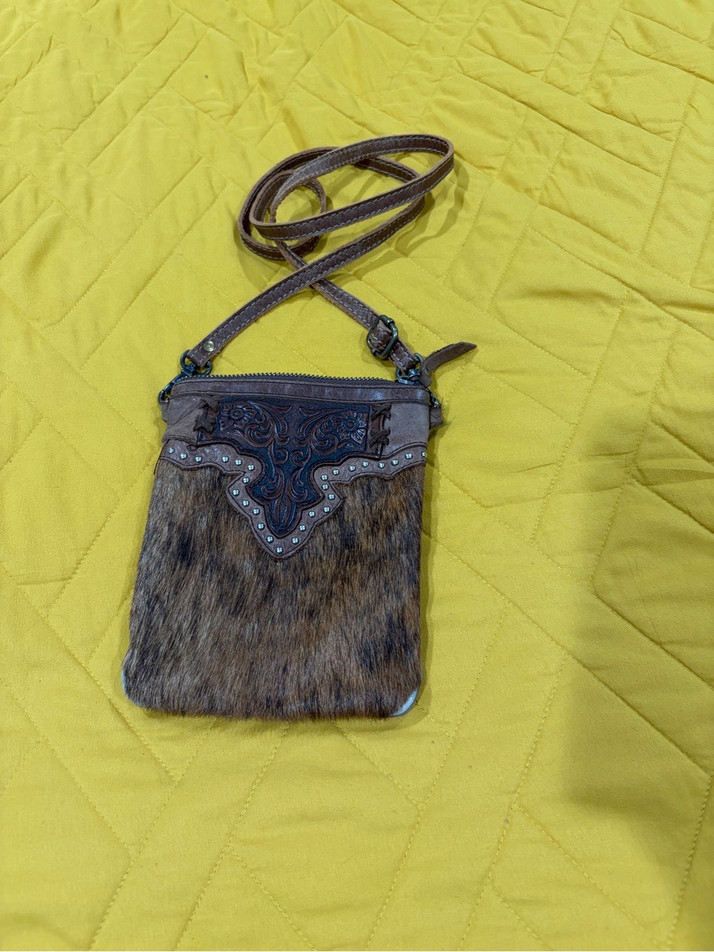 Montana West Brown Haircalf Crossbody with Embossed Leather Trim